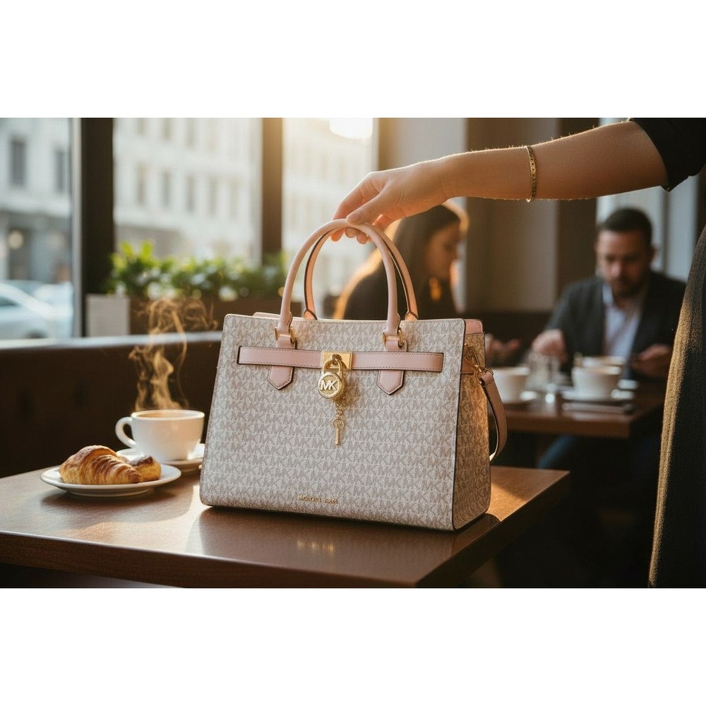 Michael Kors Tote Handbag Signature MK Print Pink Leather Trim Gold Lock Key
